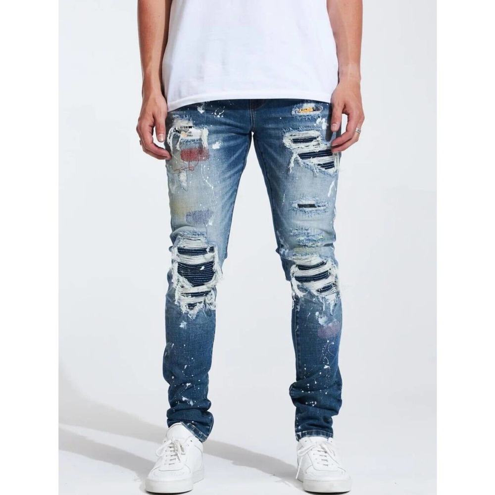 Embellish NYC Men's Rip & Repair Patchwork Distressed Skinny Fit Denim Jeans